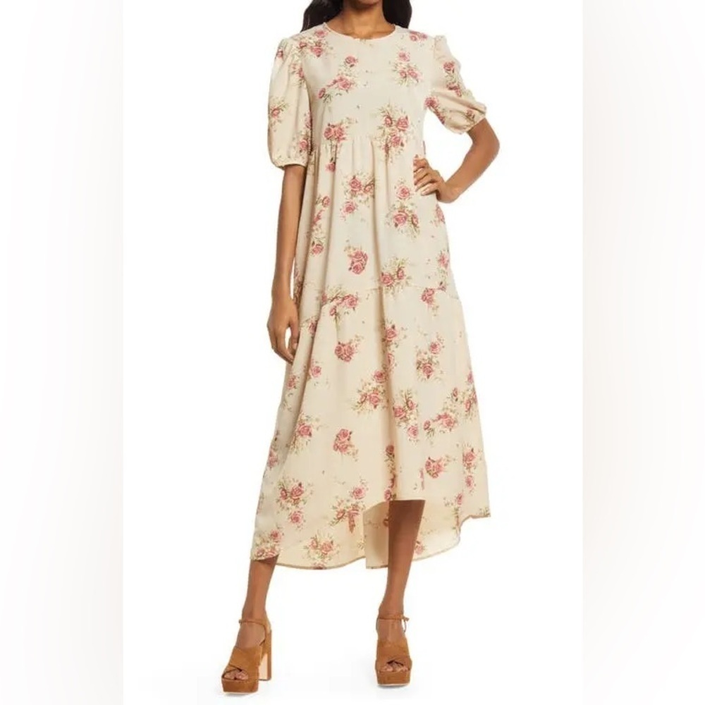 En Saison Floral Puff Sleeve High-Low Midi Dress in Natural Sz S